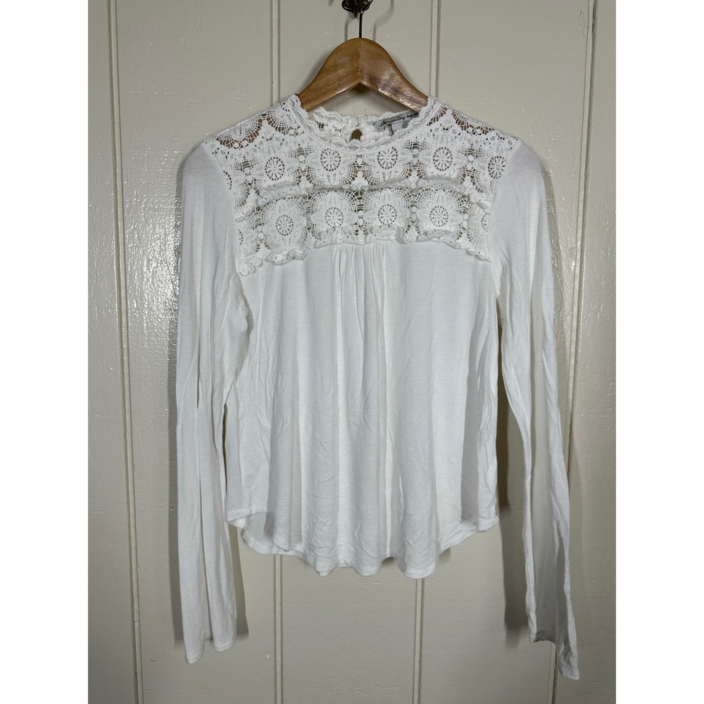American Rag Top Women M White Crochet Lace Yoke Long Sleeve Boho Blouse